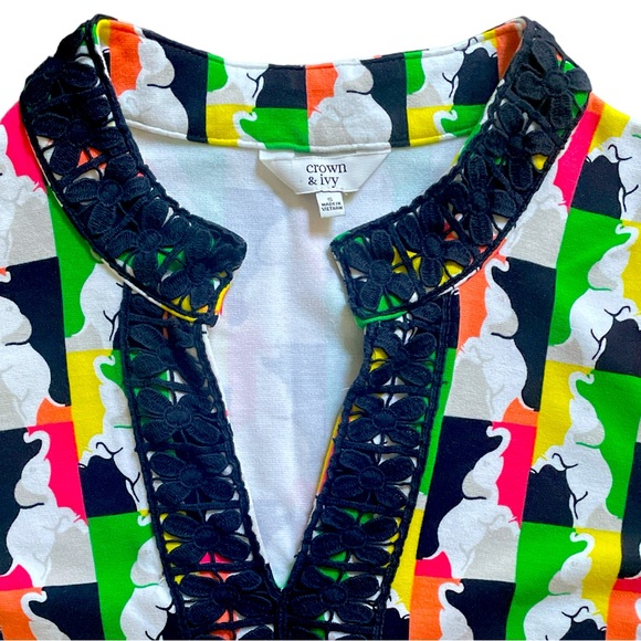 Crown & Ivy sleeves mini dress with elephants novelty print green black white S - Picture 5 of 9